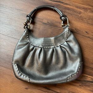 BCBGMaxAzria Hobo Purse Metallic Silver Pebbled Stitched Leather Shoulder Bag